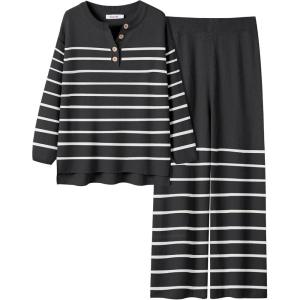imageANRABESS Women 2 Piece Outfits Oversized Loose Waffle Knit Sweater Set 2025 Fall Trendy Matching Lounge Sets Cozy ClothesStripes Black