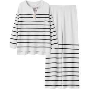 imageANRABESS Women 2 Piece Outfits Oversized Loose Waffle Knit Sweater Set 2025 Fall Trendy Matching Lounge Sets Cozy ClothesStripes White