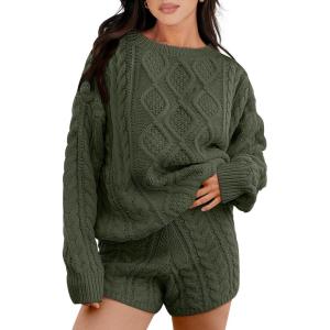 imageANRABESS Women 2 Piece Outfits Sweater Lounge Loungewear Sets 2025 Winter Cable Knit Oversized Sweaters Shorts Matching SetsArmy Green