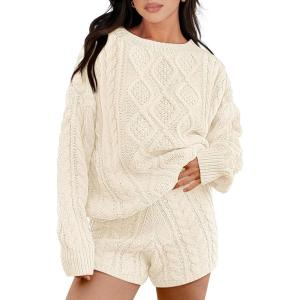 imageANRABESS Women 2 Piece Outfits Sweater Lounge Loungewear Sets 2025 Winter Cable Knit Oversized Sweaters Shorts Matching SetsBeige
