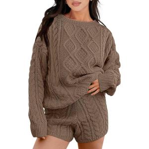 imageANRABESS Women 2 Piece Outfits Sweater Lounge Loungewear Sets 2025 Winter Cable Knit Oversized Sweaters Shorts Matching SetsBrown