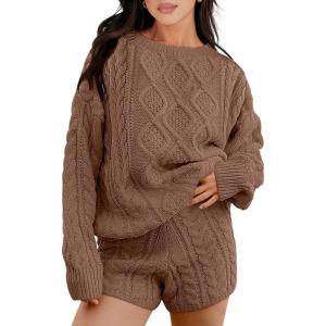 imageANRABESS Women 2 Piece Outfits Sweater Lounge Loungewear Sets 2025 Winter Cable Knit Oversized Sweaters Shorts Matching SetsCoffee