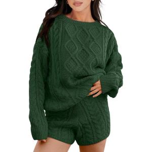imageANRABESS Women 2 Piece Outfits Sweater Lounge Loungewear Sets 2025 Winter Cable Knit Oversized Sweaters Shorts Matching SetsDeep Green