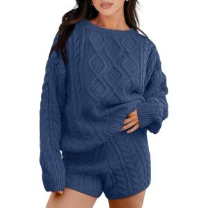 imageANRABESS Women 2 Piece Outfits Sweater Lounge Loungewear Sets 2025 Winter Cable Knit Oversized Sweaters Shorts Matching SetsNavy Blue