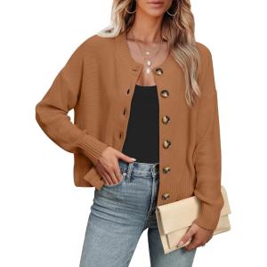 imageANRABESS Women Knit Cardigans Sweater Open Front Button Down Long Sleeve Cropped Lady Jacket Outwear 2025 Fall OutfitsBrown