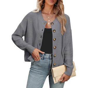 imageANRABESS Women Knit Cardigans Sweater Open Front Button Down Long Sleeve Cropped Lady Jacket Outwear 2025 Fall OutfitsDeep Grey