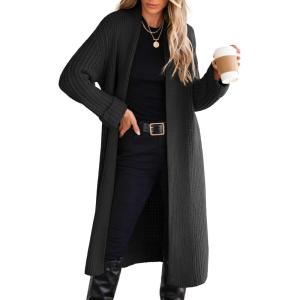 imageANRABESS Women Knit Long Cardigan Long Sleeve Open Front Lapel Oversized Sweater Coat 2025 Fall Duster Outerwear ClothesBlack