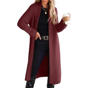 imageANRABESS Women Knit Long Cardigan Long Sleeve Open Front Lapel Oversized Sweater Coat 2025 Fall Duster Outerwear ClothesBurgundy