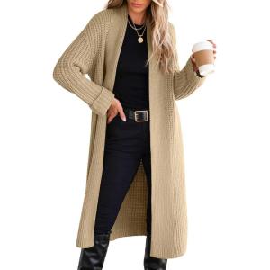 imageANRABESS Women Knit Long Cardigan Long Sleeve Open Front Lapel Oversized Sweater Coat 2025 Fall Duster Outerwear ClothesKhaki
