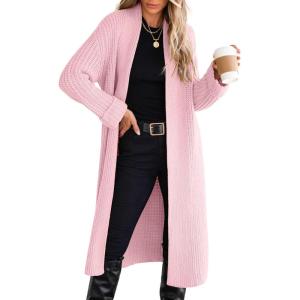 imageANRABESS Women Knit Long Cardigan Long Sleeve Open Front Lapel Oversized Sweater Coat 2025 Fall Duster Outerwear ClothesPink