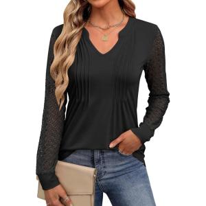 imageANRABESS Women Long Sleeve Shirts V Neck Pleated Tunic Top Business Dressy Casual Blouse 2025 Fall Fashion OutfitsBlack
