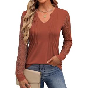 imageANRABESS Women Long Sleeve Shirts V Neck Pleated Tunic Top Business Dressy Casual Blouse 2025 Fall Fashion OutfitsBrown