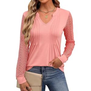 imageANRABESS Women Long Sleeve Shirts V Neck Pleated Tunic Top Business Dressy Casual Blouse 2025 Fall Fashion OutfitsCoral Pink
