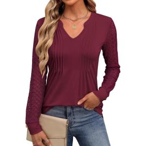 imageANRABESS Women Long Sleeve Shirts V Neck Pleated Tunic Top Business Dressy Casual Blouse 2025 Fall Fashion OutfitsDeep Red