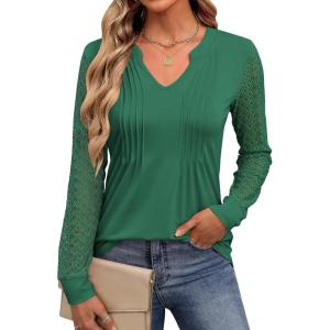 imageANRABESS Women Long Sleeve Shirts V Neck Pleated Tunic Top Business Dressy Casual Blouse 2025 Fall Fashion OutfitsGreen