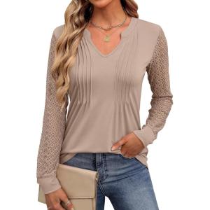 imageANRABESS Women Long Sleeve Shirts V Neck Pleated Tunic Top Business Dressy Casual Blouse 2025 Fall Fashion OutfitsKhaki