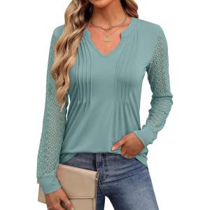 imageANRABESS Women Long Sleeve Shirts V Neck Pleated Tunic Top Business Dressy Casual Blouse 2025 Fall Fashion OutfitsLake Green