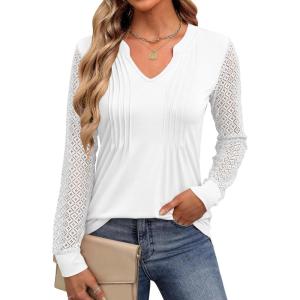 imageANRABESS Women Long Sleeve Shirts V Neck Pleated Tunic Top Business Dressy Casual Blouse 2025 Fall Fashion OutfitsWhite