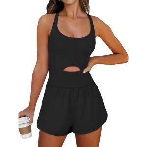 imageANRABESS Women Rompers Running Exercise Workout Set One Piece Jumpsuits Gym Yoga Outfits 2025 Summer Active Wear ClothesBlack