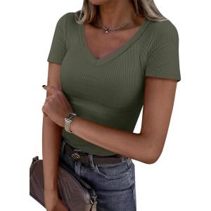 imageANRABESS Women Short Sleeve V Neck Ribbed Knit Fitted Shirts Basic Tees Tops 2025 Summer Casual TShirts Going Out OutfitsArmy Green