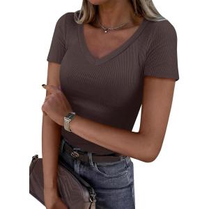 imageANRABESS Women Short Sleeve V Neck Ribbed Knit Fitted Shirts Basic Tees Tops 2025 Summer Casual TShirts Going Out OutfitsBrown