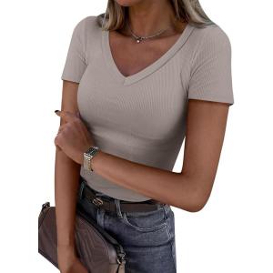 imageANRABESS Women Short Sleeve V Neck Ribbed Knit Fitted Shirts Basic Tees Tops 2025 Summer Casual TShirts Going Out OutfitsDark Khaki