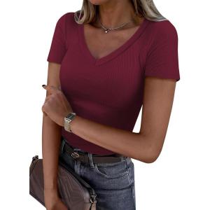 imageANRABESS Women Short Sleeve V Neck Ribbed Knit Fitted Shirts Basic Tees Tops 2025 Summer Casual TShirts Going Out OutfitsDeep Red