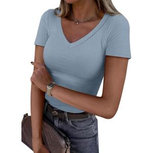 imageANRABESS Women Short Sleeve V Neck Ribbed Knit Fitted Shirts Basic Tees Tops 2025 Summer Casual TShirts Going Out OutfitsLight Blue