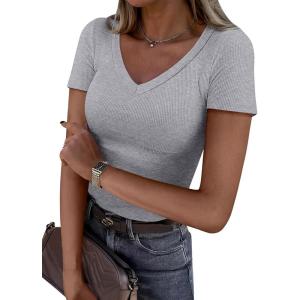imageANRABESS Women Short Sleeve V Neck Ribbed Knit Fitted Shirts Basic Tees Tops 2025 Summer Casual TShirts Going Out OutfitsLight Gray