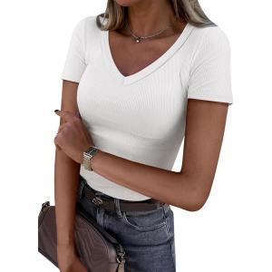imageANRABESS Women Short Sleeve V Neck Ribbed Knit Fitted Shirts Basic Tees Tops 2025 Summer Casual TShirts Going Out OutfitsWhite