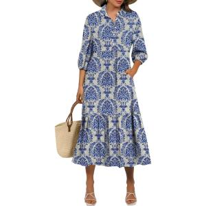 imageANRABESS Women Summer Dress 2025 34 Puff Sleeve Polo V Neck Floral Print Casual Boho Shirt Maxi Dress Beach Vacation ClothesBlue Khaki
