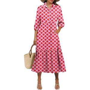 imageANRABESS Women Summer Dress 2025 34 Puff Sleeve Polo V Neck Floral Print Casual Boho Shirt Maxi Dress Beach Vacation ClothesFloral Red