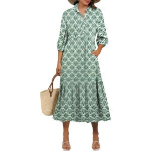 imageANRABESS Women Summer Dress 2025 34 Puff Sleeve Polo V Neck Floral Print Casual Boho Shirt Maxi Dress Beach Vacation ClothesGreen