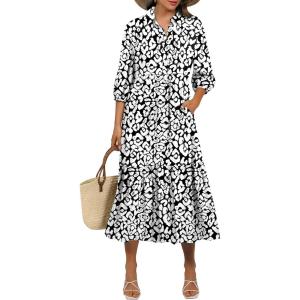 imageANRABESS Women Summer Dress 2025 34 Puff Sleeve Polo V Neck Floral Print Casual Boho Shirt Maxi Dress Beach Vacation ClothesLeopard Print
