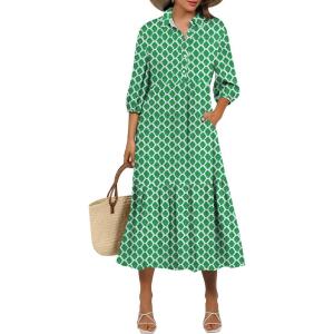 imageANRABESS Women Summer Dress 2025 34 Puff Sleeve Polo V Neck Floral Print Casual Boho Shirt Maxi Dress Beach Vacation ClothesLight Green
