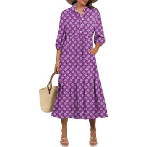 imageANRABESS Women Summer Dress 2025 34 Puff Sleeve Polo V Neck Floral Print Casual Boho Shirt Maxi Dress Beach Vacation ClothesPurple Floral