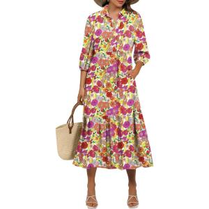 imageANRABESS Women Summer Dress 2025 34 Puff Sleeve Polo V Neck Floral Print Casual Boho Shirt Maxi Dress Beach Vacation ClothesPurple Orange Floral