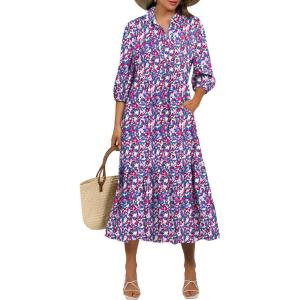 imageANRABESS Women Summer Dress 2025 34 Puff Sleeve Polo V Neck Floral Print Casual Boho Shirt Maxi Dress Beach Vacation ClothesPurple Pink Floral