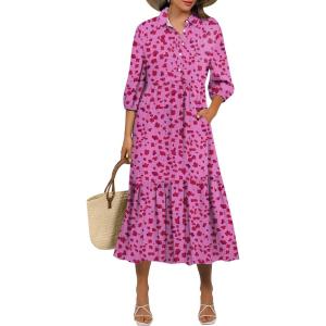 imageANRABESS Women Summer Dress 2025 34 Puff Sleeve Polo V Neck Floral Print Casual Boho Shirt Maxi Dress Beach Vacation ClothesRose Red Floral