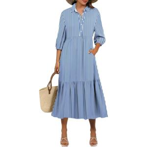 imageANRABESS Women Summer Dress 2025 34 Puff Sleeve Polo V Neck Floral Print Casual Boho Shirt Maxi Dress Beach Vacation ClothesStripe Blue White