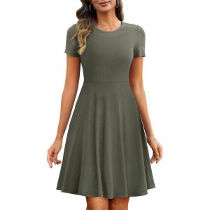 imageANRABESS Women Summer Short Sleeve Ribbed Knit Fit ampamp Flare ALine Flowy Business Casual Work Basic Mini Dress with PocketsArmy Green