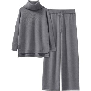 imageANRABESS Women Two Piece Outfits Oversized Turtleneck Knit Pullover Sweater Top Wide Leg Pants Lounge Set Sweatsuit 2025 FallDark Grey