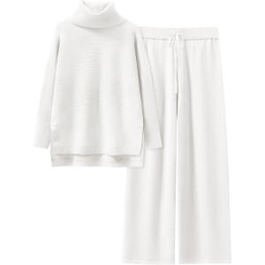 imageANRABESS Women Two Piece Outfits Oversized Turtleneck Knit Pullover Sweater Top Wide Leg Pants Lounge Set Sweatsuit 2025 FallWhite