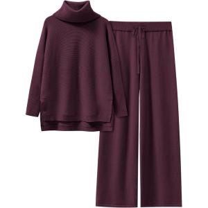imageANRABESS Women Two Piece Outfits Oversized Turtleneck Knit Pullover Sweater Top Wide Leg Pants Lounge Set Sweatsuit 2025 FallWine Red