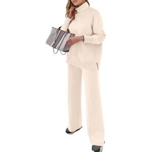 imageANRABESS Womens 2 Piece Outfits Turtleneck Matching Lounge Set Sweater Top Wide Leg Pants Fall Cozy Knit Sweatsuit LoungewearAprticot
