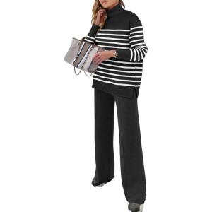 imageANRABESS Womens 2 Piece Outfits Turtleneck Matching Lounge Set Sweater Top Wide Leg Pants Fall Cozy Knit Sweatsuit LoungewearBlack White Stripe
