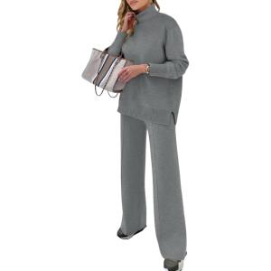 imageANRABESS Womens 2 Piece Outfits Turtleneck Matching Lounge Set Sweater Top Wide Leg Pants Fall Cozy Knit Sweatsuit LoungewearGrey