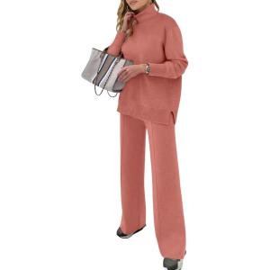 imageANRABESS Womens 2 Piece Outfits Turtleneck Matching Lounge Set Sweater Top Wide Leg Pants Fall Cozy Knit Sweatsuit LoungewearRust