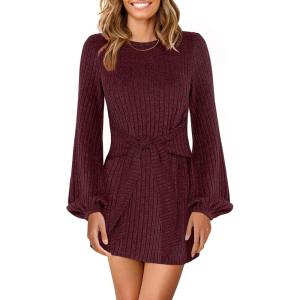 imageANRABESS Womens 2025 Fall Dress Long Lantern Sleeve Ribbed Knit Casual Tie Waist Lightweight Mini Sweater DressDark Burgundy