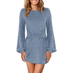 imageANRABESS Womens 2025 Fall Dress Long Lantern Sleeve Ribbed Knit Casual Tie Waist Lightweight Mini Sweater DressGrey Blue